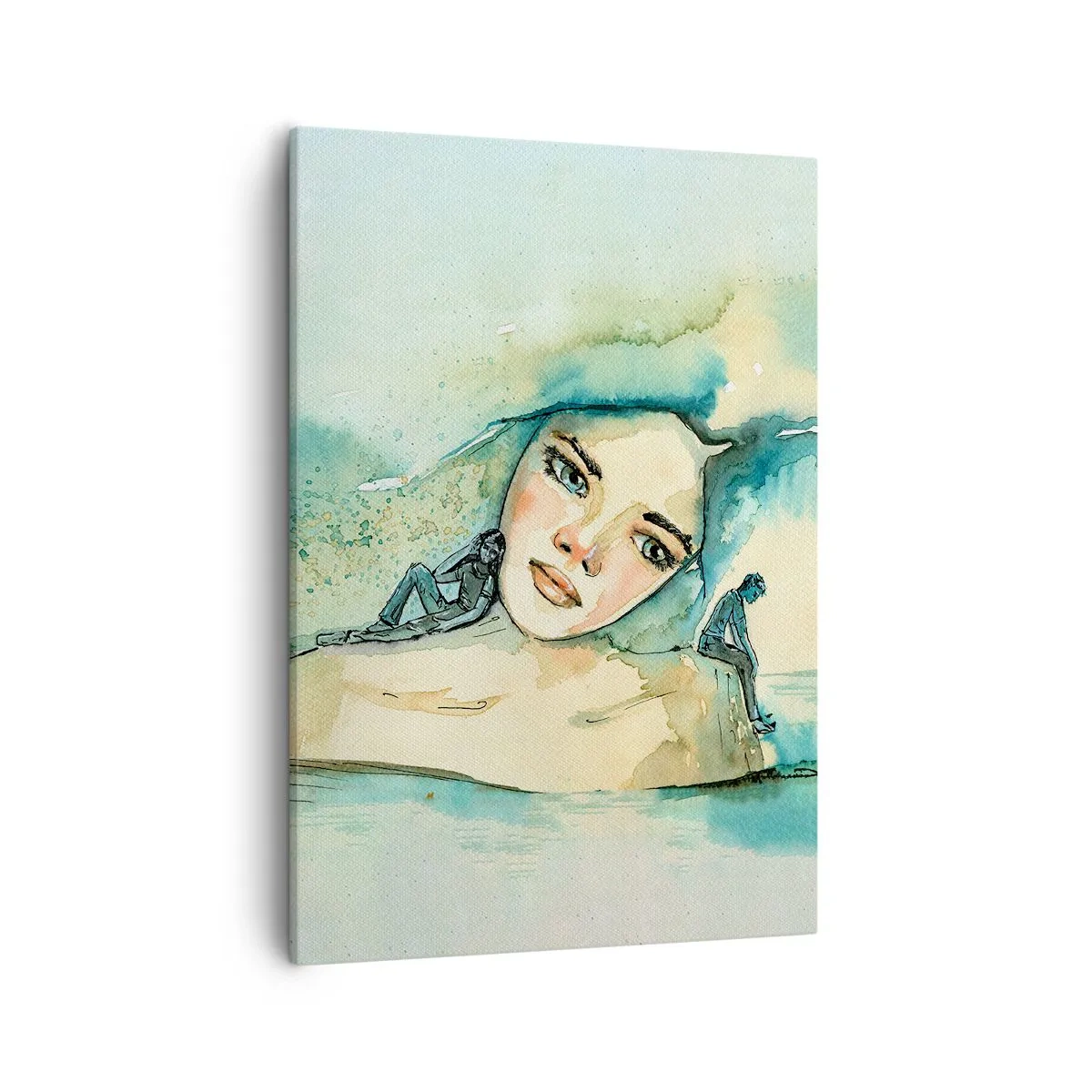 Bild auf Leinwand - Leinwandbild - Aquarell eines Frauengesichts mit reflektierendem Motiv - 50x70cm - Bin ich blau? - Moderne Wanddekoration für Wohnzimmer und Schlafzimmer ARTTOR