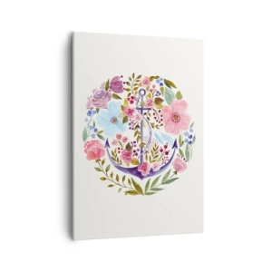 Bild auf Leinwand - Leinwandbild - Ein Anker, umgeben von Aquarellblumen auf hellem Hintergrund - 50x70cm - Guter Traum eines Seemanns - Moderne Wanddekoration für Wohnzimmer und Schlafzimmer ARTTOR