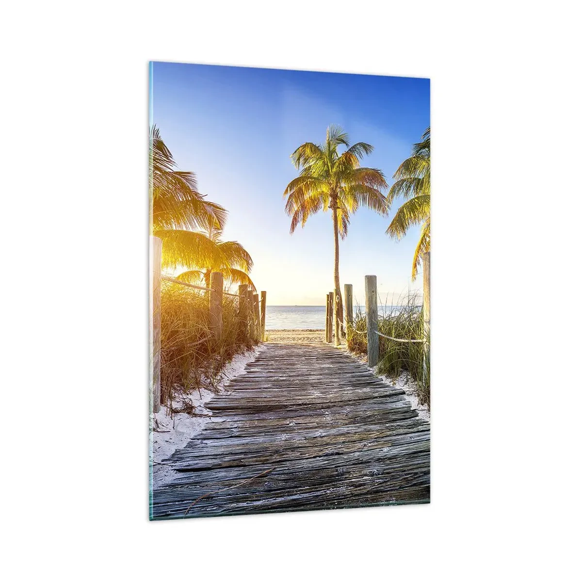 Glasbild - Bild auf glas - Holzweg am Strand mit Palmen im Hintergrund - 80x120cm - Direkt ins Paradies - Moderne Wanddekoration für Wohnzimmer und Schlafzimmer ARTTOR