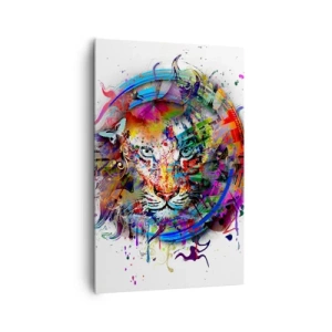 Bild auf Leinwand - Leinwandbild - Farbenfrohes Porträt eines Löwen im abstrakten Stil - 80x120cm - Es lauert hinter einem Regenbogenschleier - Moderne Wanddekoration für Wohnzimmer und Schlafzimmer ARTTOR