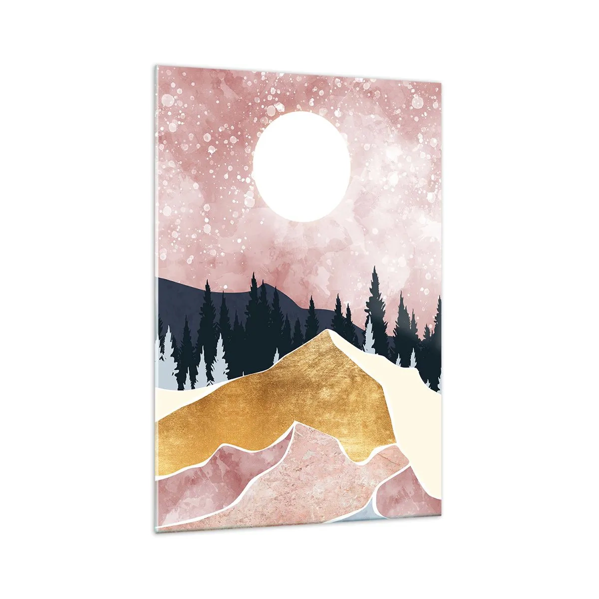 Glasbild - Bild auf glas - Bunte Berge vor einem rosa Himmel mit einem Mond - 70x100cm - Nachtwache - Moderne Wanddekoration für Wohnzimmer und Schlafzimmer ARTTOR