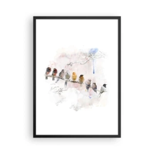 Poster in einem schwarzem Rahmen - Vögel sitzen auf einem Ast im Aquarellstil - 50x70cm - Geflügeltes Treffen - Moderne Wanddekoration für Wohnzimmer und Schlafzimmer ARTTOR
