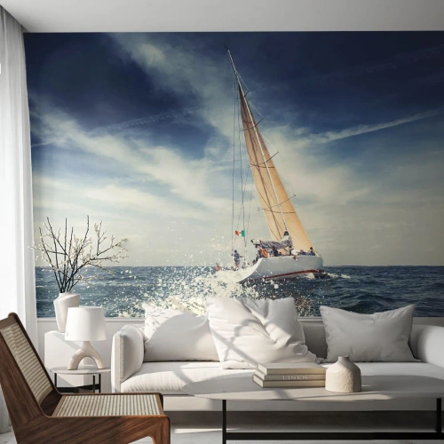 Fototapete Standard Eco - Eine Segelyacht auf offener See unter blauem Himmel - 100x70cm - Sie werden uns nicht einholen! - Moderne Wanddekoration für Wohnzimmer und Schlafzimmer ARTTOR