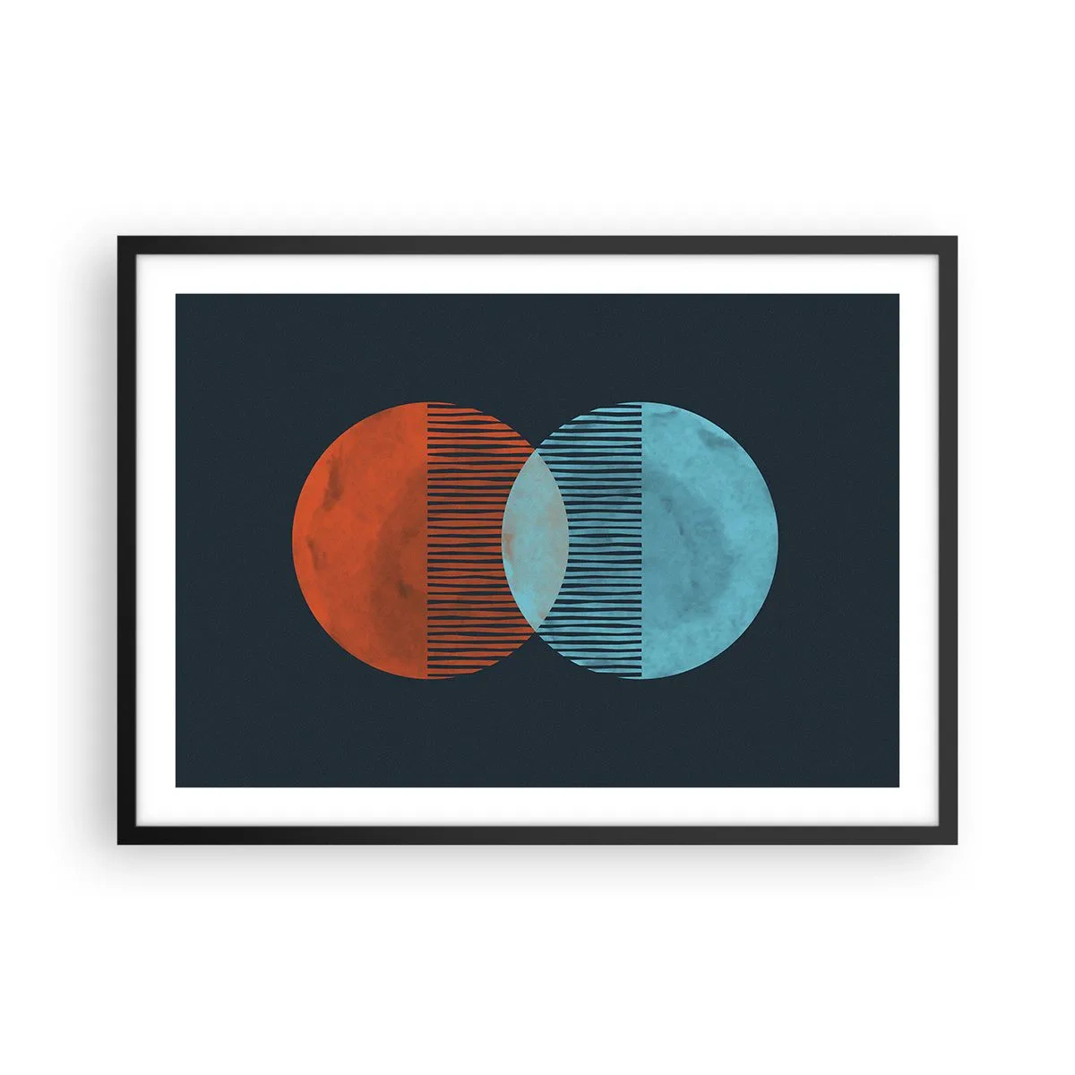 Poster in einem schwarzem Rahmen - Zwei orange und blaue Kreise auf dunklem Hintergrund - 70x50cm - Astronomische Fantasie - Moderne Wanddekoration für Wohnzimmer und Schlafzimmer ARTTOR