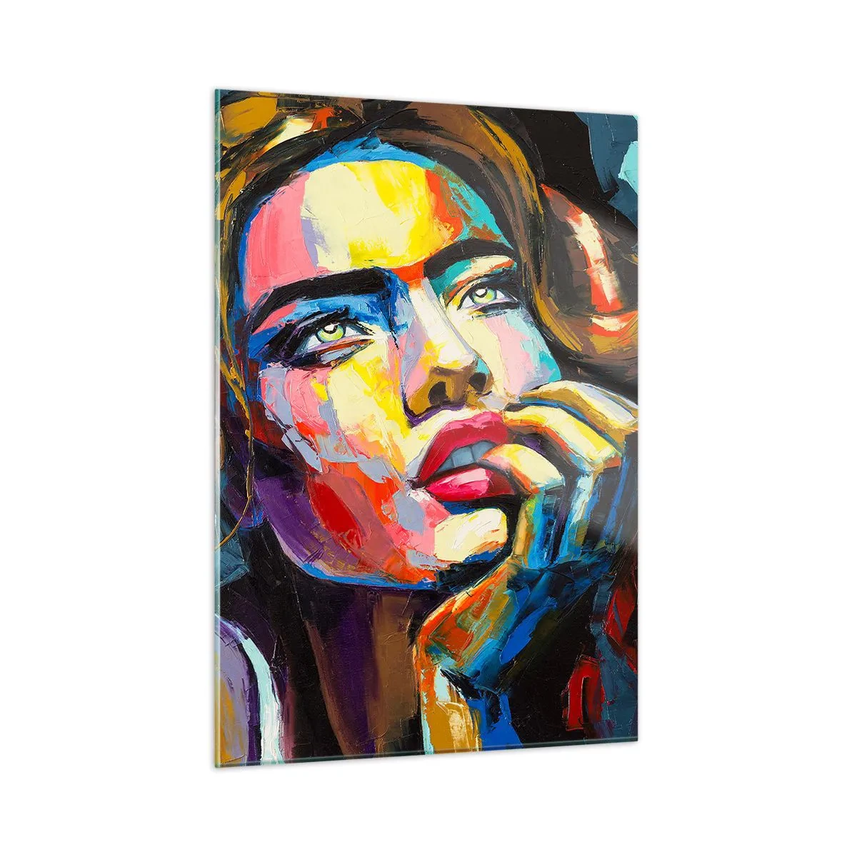 Glasbild - Bild auf glas - Porträt einer Frau in intensiven abstrakten Farben - 50x70cm - Träume fliegen am Himmel wie Vögel - Moderne Wanddekoration für Wohnzimmer und Schlafzimmer ARTTOR