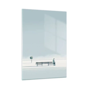 Glasbild - Bild auf glas - Eine Figur auf einer Bank in einer minimalistischen Landschaft - 50x70cm - Ja, ich warte. - Moderne Wanddekoration für Wohnzimmer und Schlafzimmer ARTTOR