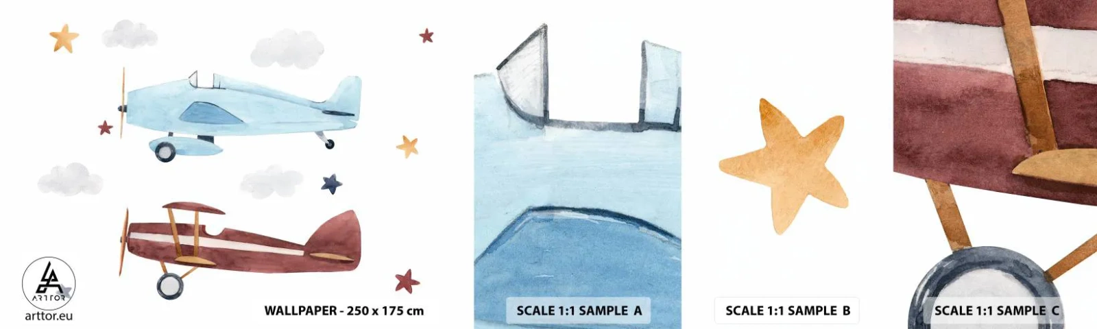 Fototapeten Muster Selbstklebend Deluxe Sticker - Wir warten, Herr Pilot! - Flugzeuge, Retro, Kinder - 100x30 cm