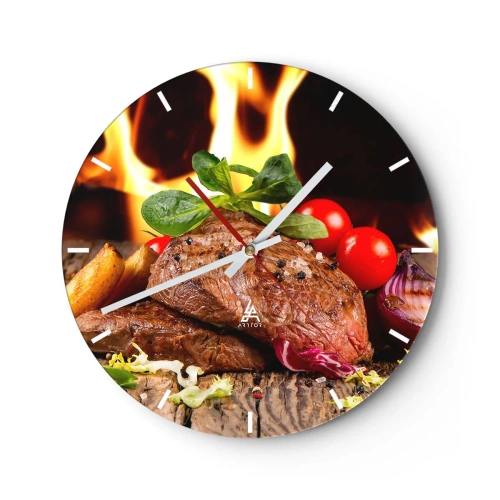 Wanduhr - Glasuhr - Steak mit Gemüse auf dem Feuer - 30x30cm - Von Hitze gezaubert - Moderne Wanddekoration für Wohnzimmer, Küche und Schlafzimmer ARTTOR
