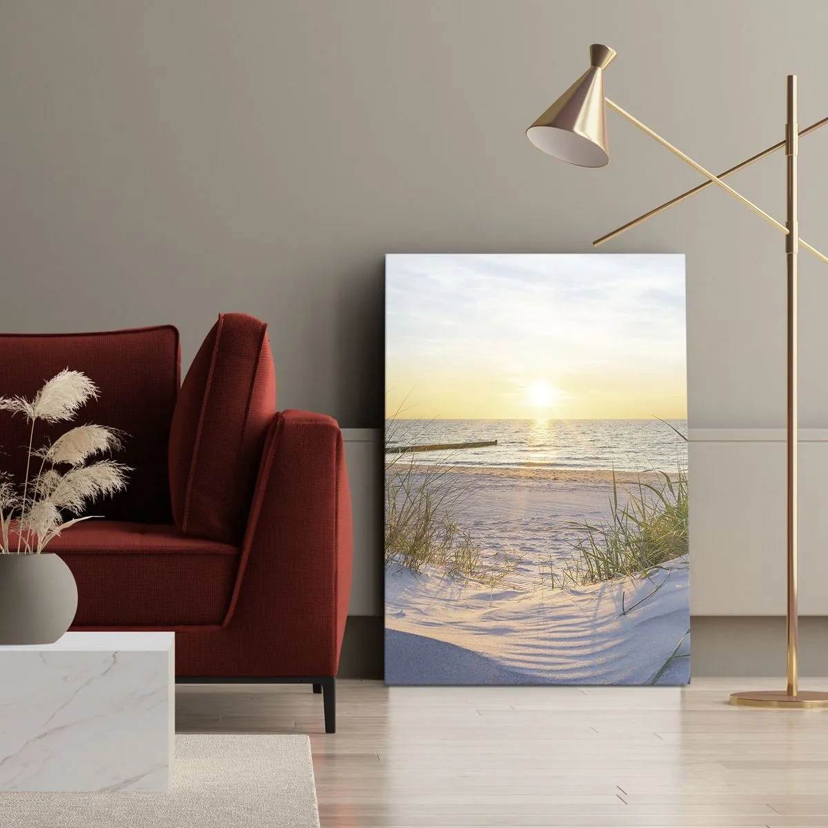 Bild auf Leinwand - Leinwandbild - Das Rauschen des Meeres, der Gesang der Vögel, ein wilder Strand im Gras ... - 55x100 cm