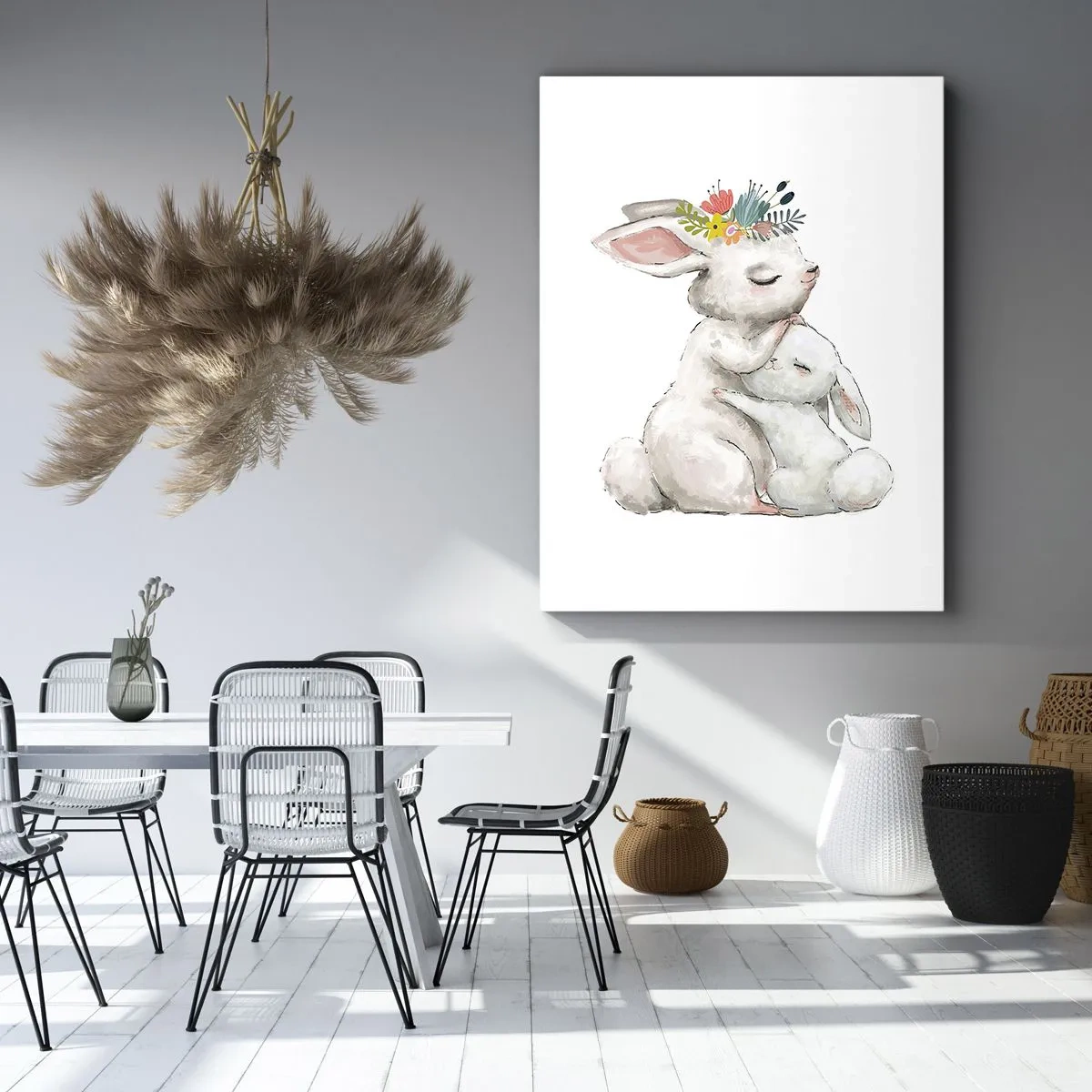 Bild auf Leinwand - Leinwandbild - Niedliche Kaninchen in Pastellfarben - 50x70cm - Bei Mama ist's am schönsten - Moderne Wanddekoration für Wohnzimmer und Schlafzimmer ARTTOR