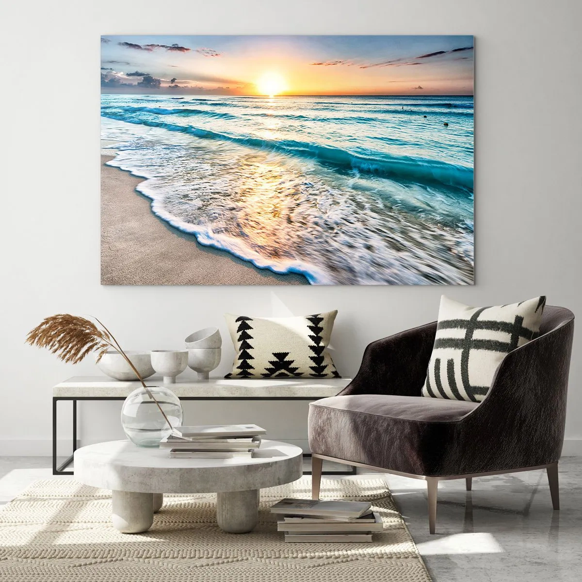 Glasbild - Bild auf glas - Strand am Morgen mit Wellen und Sonnenaufgang - 120x80cm - Ein Blick lohnt sich - Moderne Wanddekoration für Wohnzimmer und Schlafzimmer ARTTOR