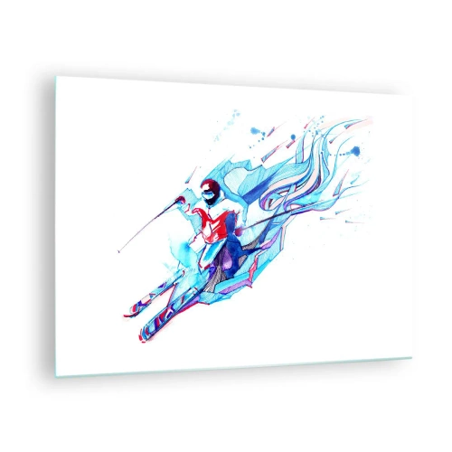 Glasbild - Bild auf glas - Eine dynamische Figur eines Skifahrers in abstrakten Farben - 70x50cm - Verrückter Ansturm vor Freude - Moderne Wanddekoration für Wohnzimmer und Schlafzimmer ARTTOR