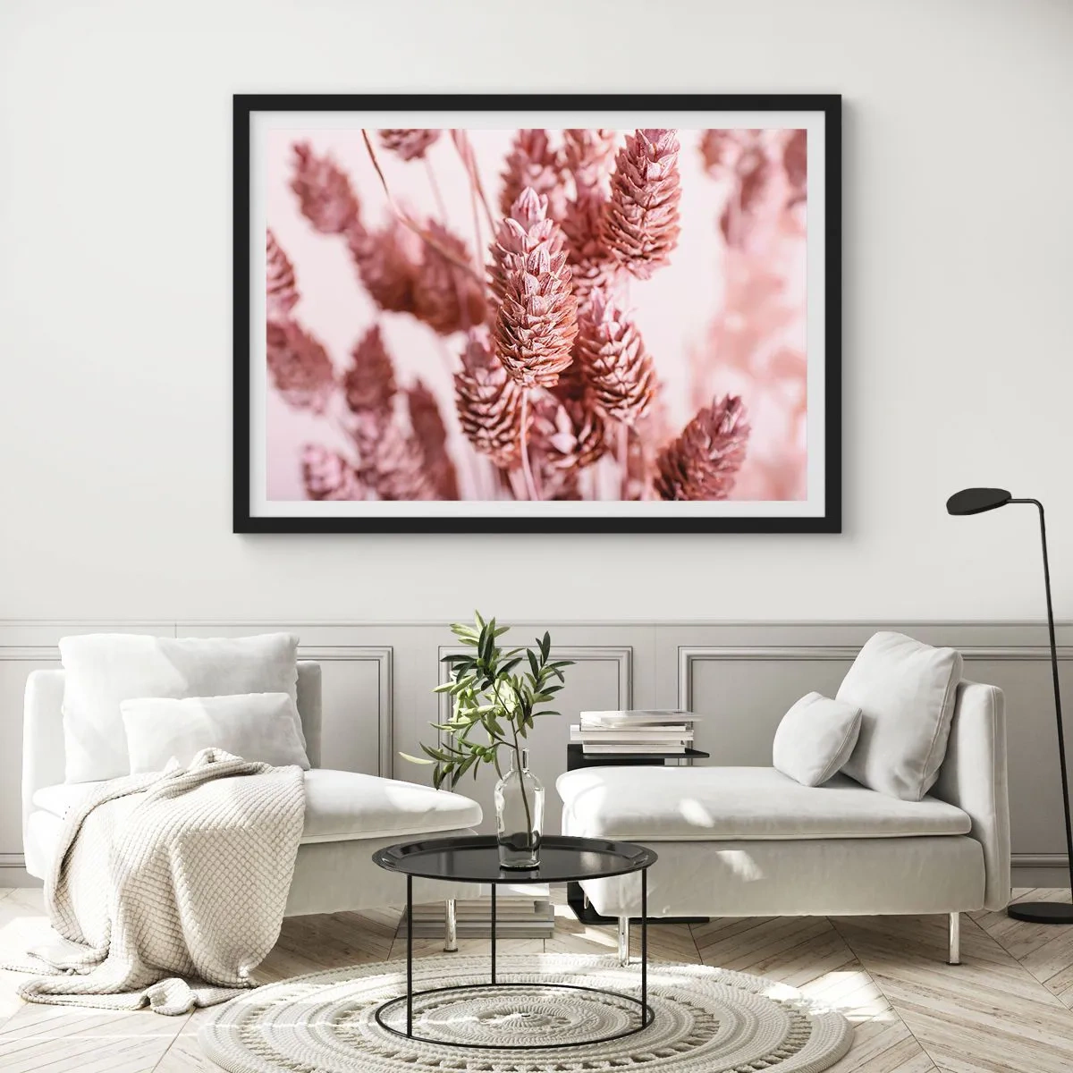 Poster in einem schwarzem Rahmen - Eine Nahaufnahme der zarten rosa Ähren von Ziergräsern - 100x70cm - Scheinbar unauffällig - Moderne Wanddekoration für Wohnzimmer und Schlafzimmer ARTTOR