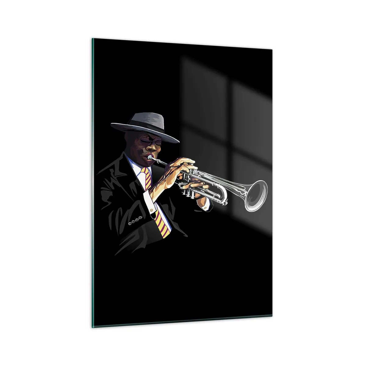 Glasbild - Bild auf glas - Ein schwarzer Musiker mit Trompete und Hut auf schwarzem Hintergrund - 50x70cm - Charme der alten Schule - Moderne Wanddekoration für Wohnzimmer und Schlafzimmer ARTTOR