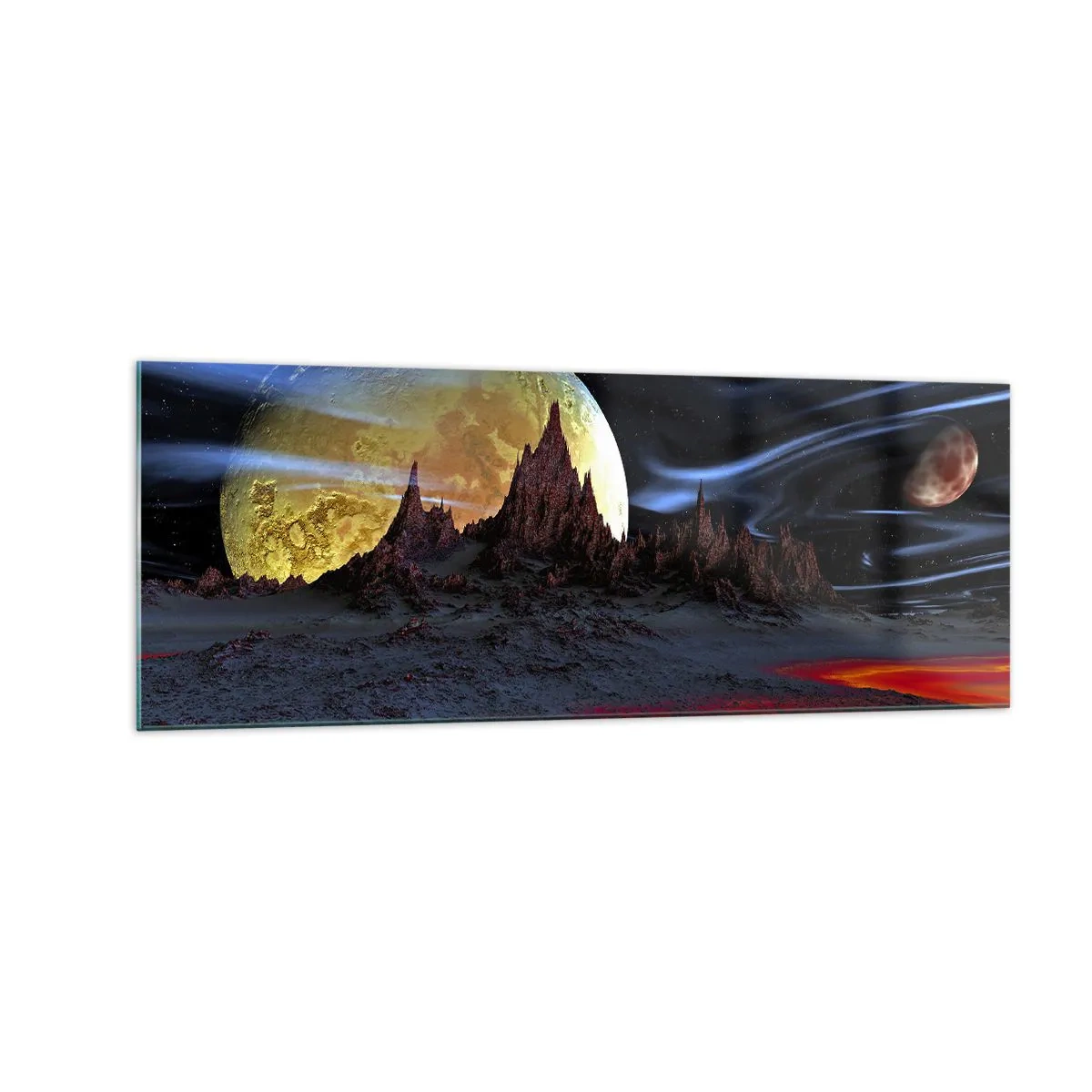 Glasbild - Bild auf glas - Eine fantastische Landschaft mit Planeten und Vulkanen - 140x50cm - Unbekannte Welt - Moderne Wanddekoration für Wohnzimmer und Schlafzimmer ARTTOR