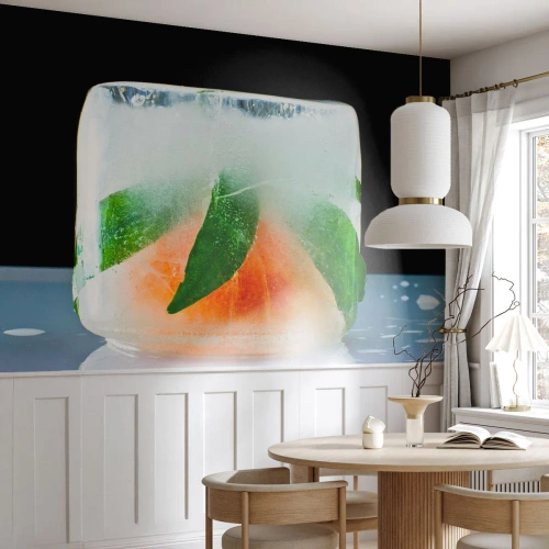 Selbstklebende Fototapete Deluxe Sticker - Frisch und kühl - Eiswürfel, Orange, Blatt Minze - 100x70 cm
