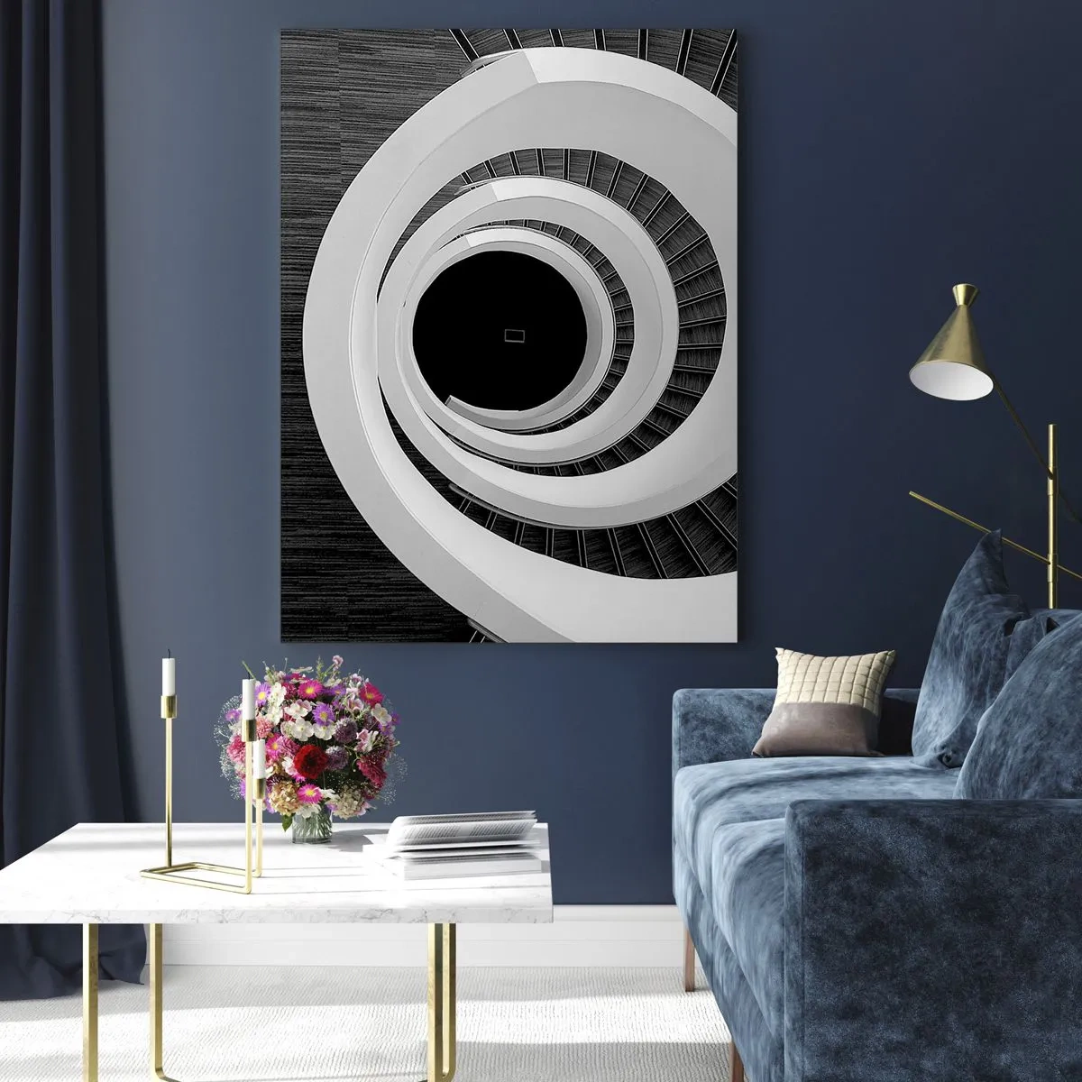 Glasbild - Bild auf glas - Schwarz-weiße Wendeltreppe im modernen Stil - 80x120cm - Zum Kern der Sache - Moderne Wanddekoration für Wohnzimmer und Schlafzimmer ARTTOR