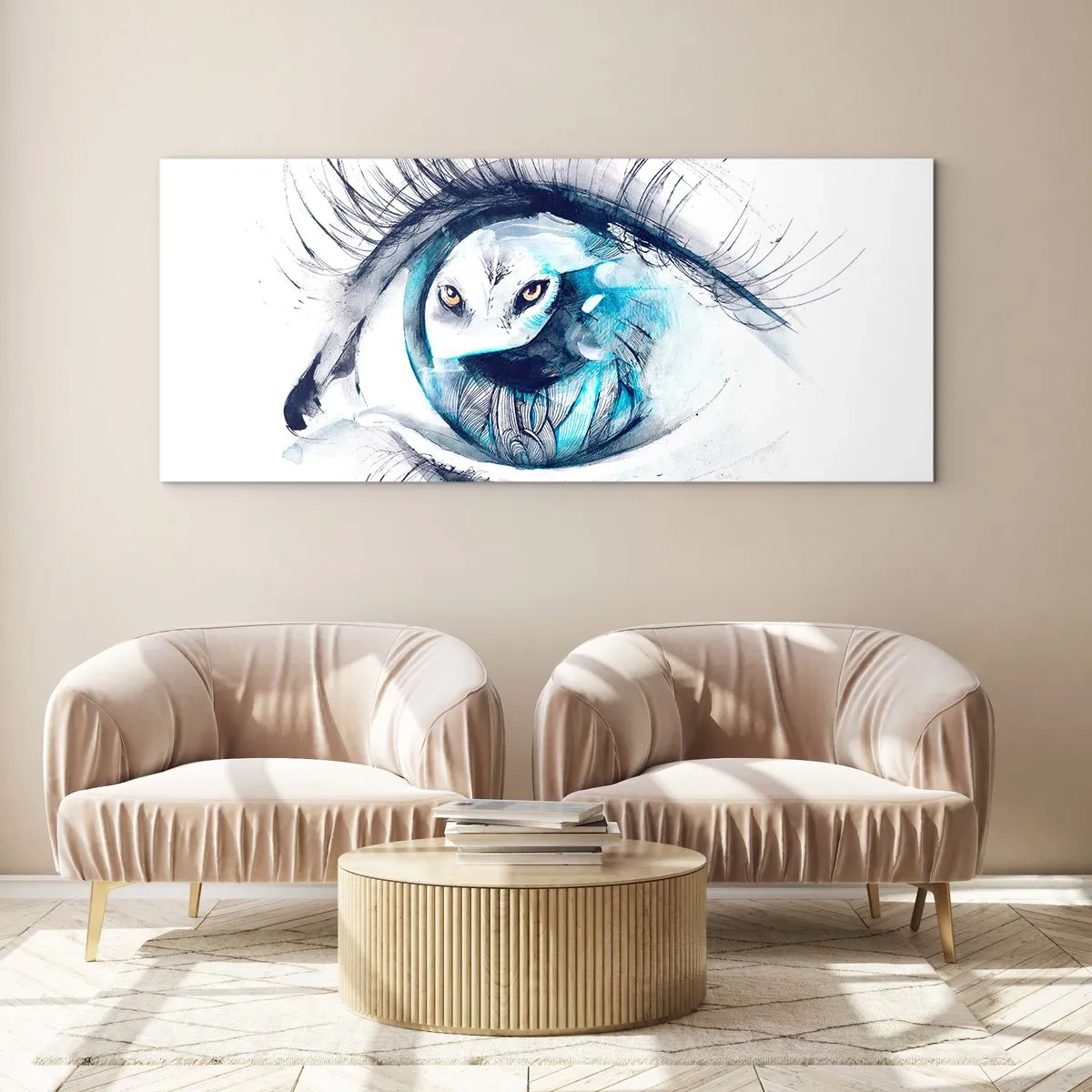 Glasbild - Bild auf glas - Ein Auge mit dem Bild einer Eule in Aquarell-Blautönen - 160x50cm - Auge in Auge mit Wildheit - Moderne Wanddekoration für Wohnzimmer und Schlafzimmer ARTTOR