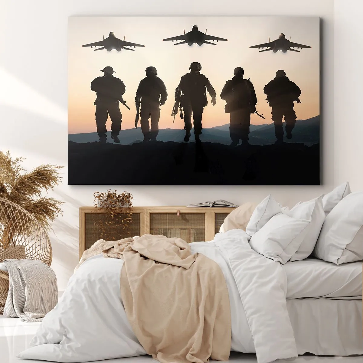 Bild auf Leinwand - Leinwandbild - Silhouetten von Soldaten und Kampfjets vor dem Hintergrund des Sonnenuntergangs - 70x50cm - Willkommen in unserer Welt - Moderne Wanddekoration für Wohnzimmer und Schlafzimmer ARTTOR