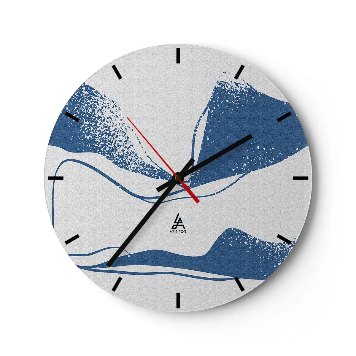 Wanduhr - Glasuhr - Grafische Abstraktion mit blauen Flügeln auf weißem Hintergrund - 30x30cm - Geflügelte Abstraktion - Moderne Wanddekoration für Wohnzimmer, Küche und Schlafzimmer ARTTOR