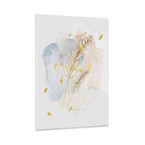 Glasbild - Bild auf glas - Eine zarte Komposition mit Zweigen und goldenen Blättern in Aquarell - 50x70cm - Goldenr Hauch - Moderne Wanddekoration für Wohnzimmer und Schlafzimmer ARTTOR