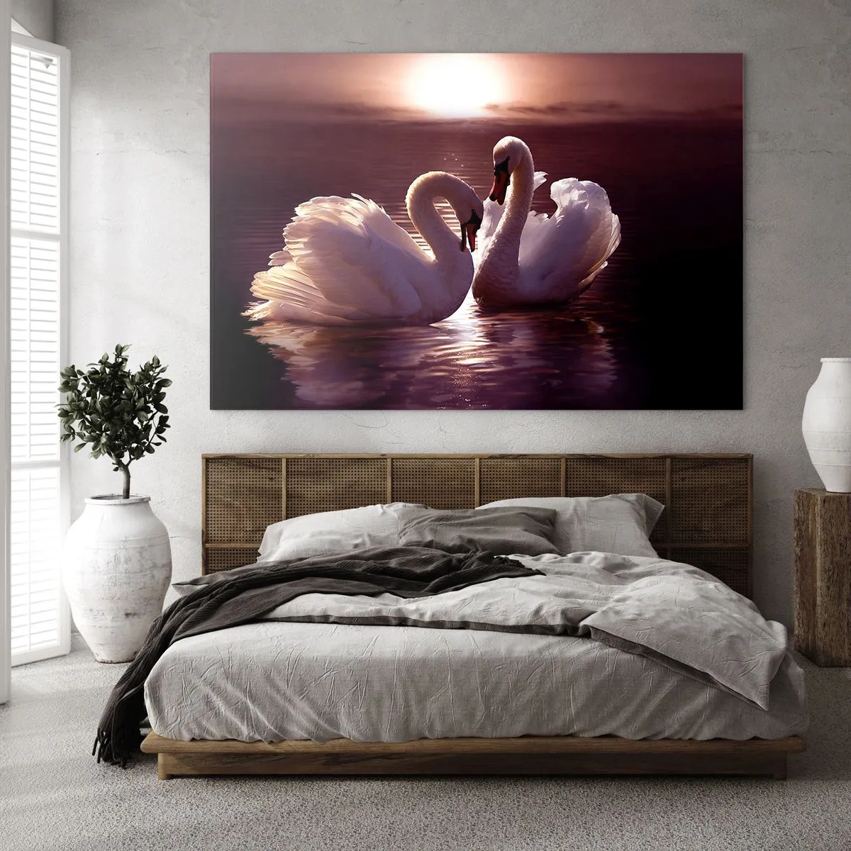 Glasbild - Bild auf glas - Zwei Schwäne auf dem Wasser im Licht der untergehenden Sonne - 120x80cm - Bis der Tod uns scheidet - Moderne Wanddekoration für Wohnzimmer und Schlafzimmer ARTTOR