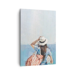 Bild auf Leinwand - Leinwandbild - Eine Frau mit Hut vor dem blauen Meer - 70x100cm - Willkommen in den Sommerferien - Moderne Wanddekoration für Wohnzimmer und Schlafzimmer ARTTOR