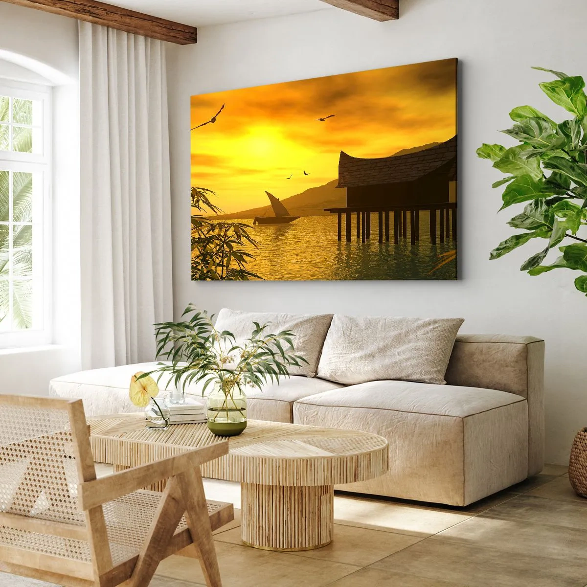 Bild auf Leinwand - Leinwandbild - Tropischer Sonnenuntergang über dem Wasser mit Holzhaus auf Stelzen. - 70x50cm - Der ersehnte Frieden - Moderne Wanddekoration für Wohnzimmer und Schlafzimmer ARTTOR