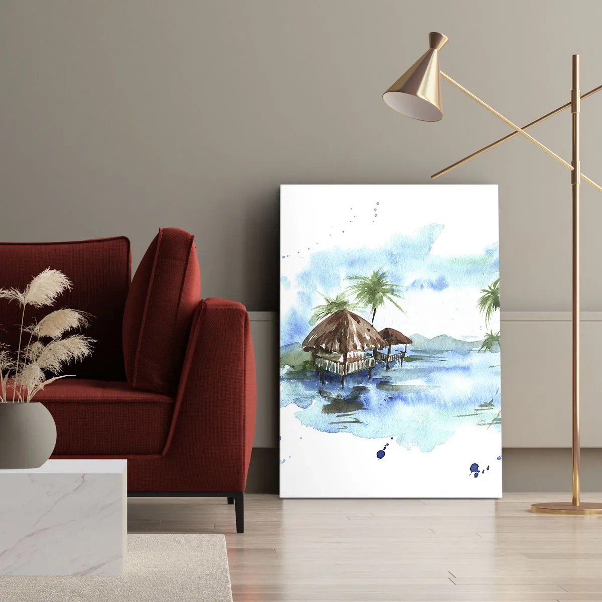 Bild auf Leinwand - Leinwandbild - Aquarellmalerei einer tropischen Landschaft mit Häusern und Palmen - 50x70cm - Irgendwo im Pazifik - Moderne Wanddekoration für Wohnzimmer und Schlafzimmer ARTTOR
