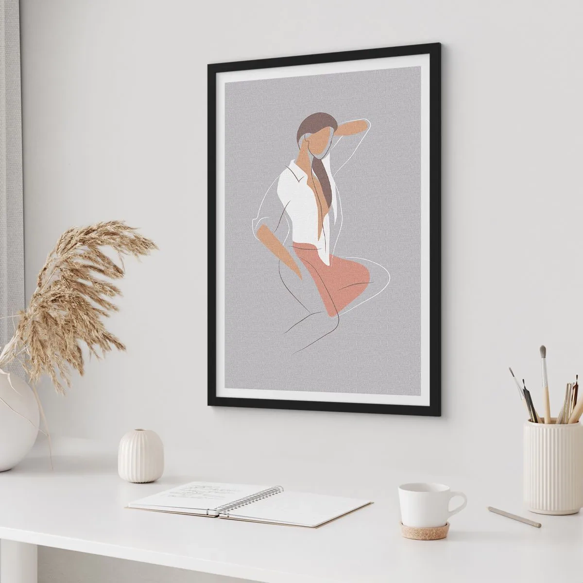 Poster in einem schwarzem Rahmen - Eine minimalistische Silhouette einer Frau auf grauem Hintergrund - 50x70cm - Umriss der Anmut - Moderne Wanddekoration für Wohnzimmer und Schlafzimmer ARTTOR