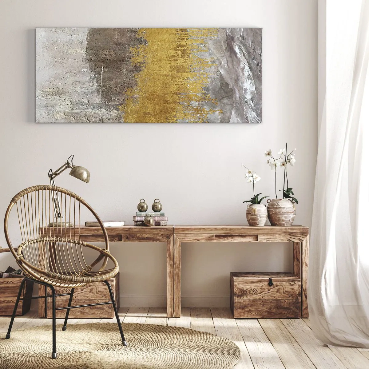 Bild auf Leinwand - Leinwandbild - Abstraktes Muster in Gold und Beige - 160x50cm - Goldene Explosion - Moderne Wanddekoration für Wohnzimmer und Schlafzimmer ARTTOR