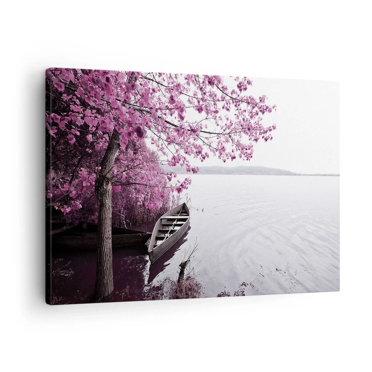 Bild auf Leinwand - Leinwandbild - Ein Boot am Ufer eines Sees zwischen rosa Bäumen - 70x50cm - In rosa Stille - Moderne Wanddekoration für Wohnzimmer und Schlafzimmer ARTTOR