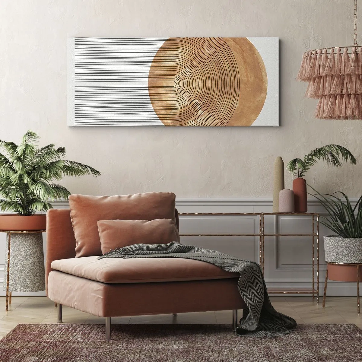 Bild auf Leinwand - Leinwandbild - Geometrische Komposition mit Kreisen und Linien in warmen Farben. - 160x50cm - SonnenKomposition - Moderne Wanddekoration für Wohnzimmer und Schlafzimmer ARTTOR
