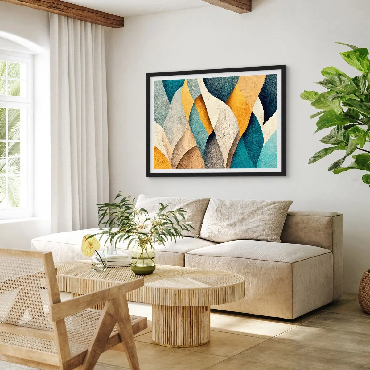 Poster in einem schwarzem Rahmen - Abstrakte Wellen in Blau- und Goldtönen - 70x50cm - Rhythmus und Welle - Moderne Wanddekoration für Wohnzimmer und Schlafzimmer ARTTOR
