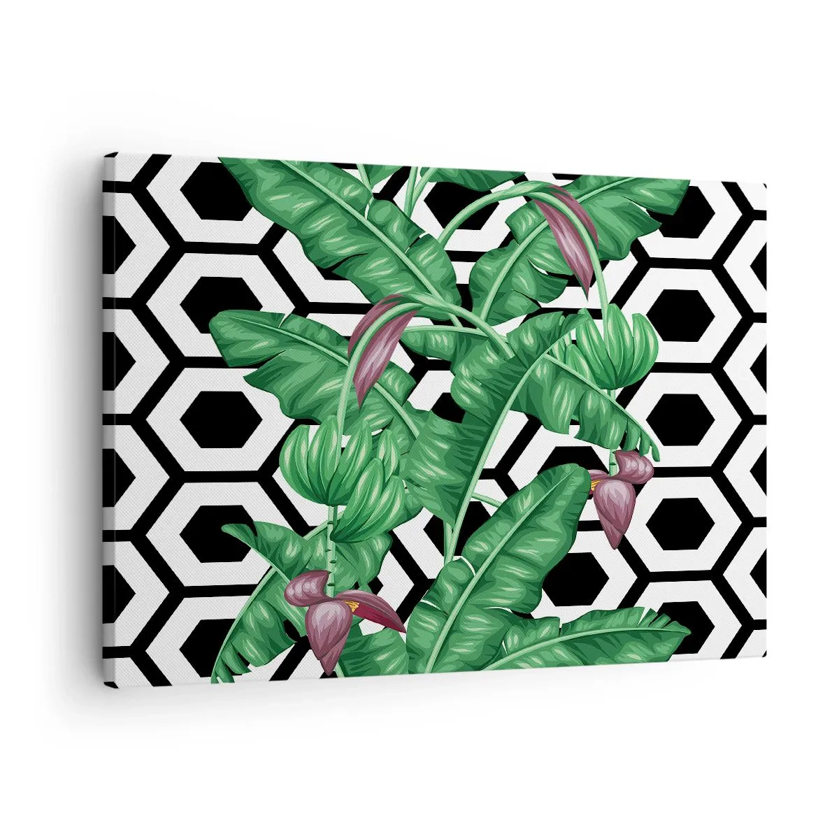 Bild auf Leinwand - Leinwandbild - Tropische Blätter auf geometrischem Hintergrund - 70x50cm - Von Natur aus eine symmetrische Komposition - Moderne Wanddekoration für Wohnzimmer und Schlafzimmer ARTTOR