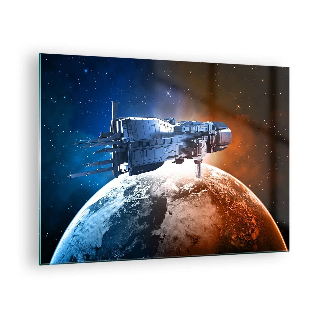 Glasbild - Bild auf glas - Ein Raumschiff, das im Sternenlicht einen Planeten umkreist - 70x50cm - Ein aufmerksamer Beobachter - Moderne Wanddekoration für Wohnzimmer und Schlafzimmer ARTTOR