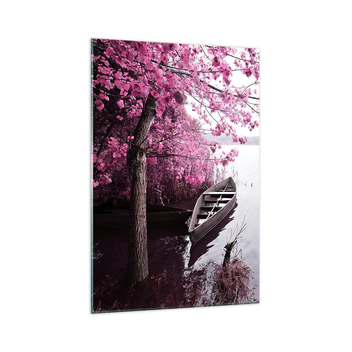 Glasbild - Bild auf glas - Ein Boot am Ufer eines Sees zwischen rosa Bäumen - 70x100cm - In rosa Stille - Moderne Wanddekoration für Wohnzimmer und Schlafzimmer ARTTOR