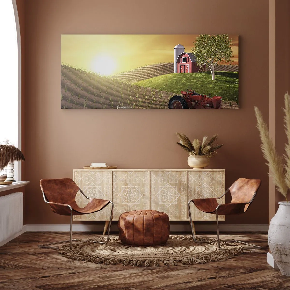 Bild auf Leinwand - Leinwandbild - Ländliche Landschaft mit einer roten Scheune, Traktor und Sonnenaufgang - 160x50cm - Ein Bauernhof wie aus einem Märchen - Moderne Wanddekoration für Wohnzimmer und Schlafzimmer ARTTOR
