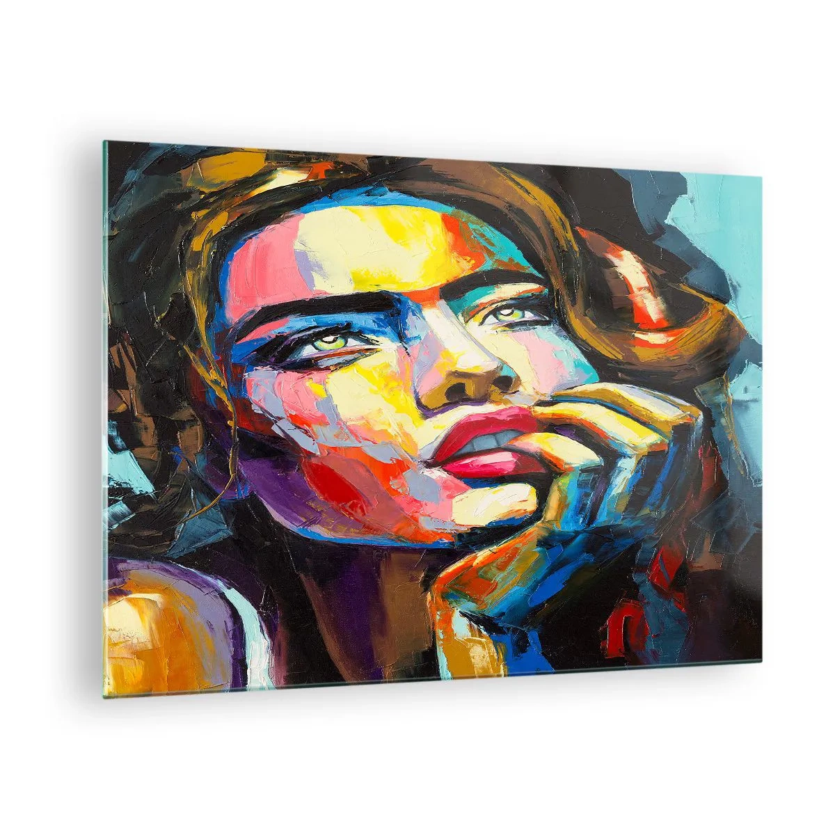 Glasbild - Bild auf glas - Porträt einer Frau in intensiven abstrakten Farben - 70x50cm - Träume fliegen am Himmel wie Vögel - Moderne Wanddekoration für Wohnzimmer und Schlafzimmer ARTTOR