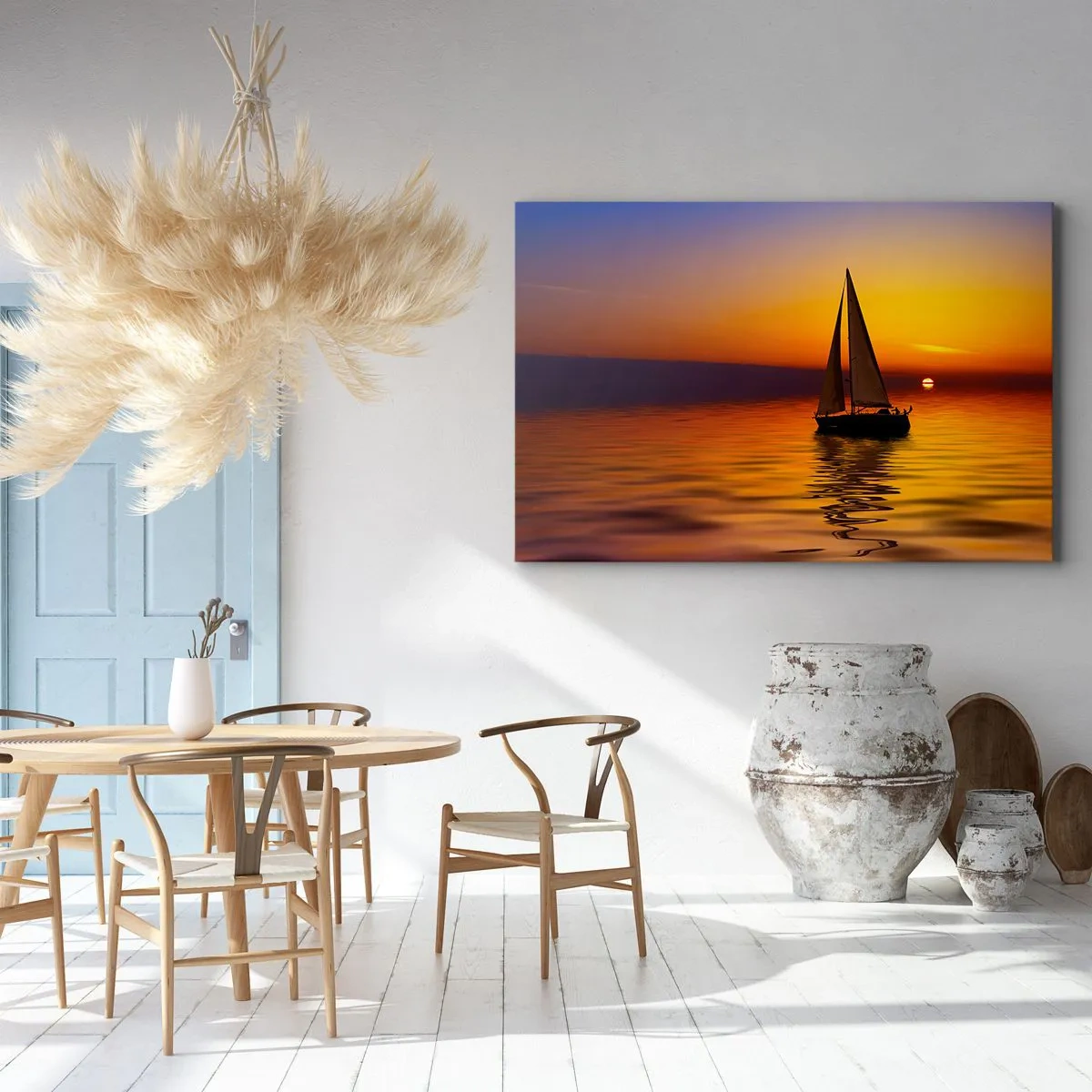 Bild auf Leinwand - Leinwandbild - Ein Segelboot auf ruhiger See bei Sonnenuntergang - 100x70cm - Wie ruhig es hier in der Abenddämmerung ist... - Moderne Wanddekoration für Wohnzimmer und Schlafzimmer ARTTOR