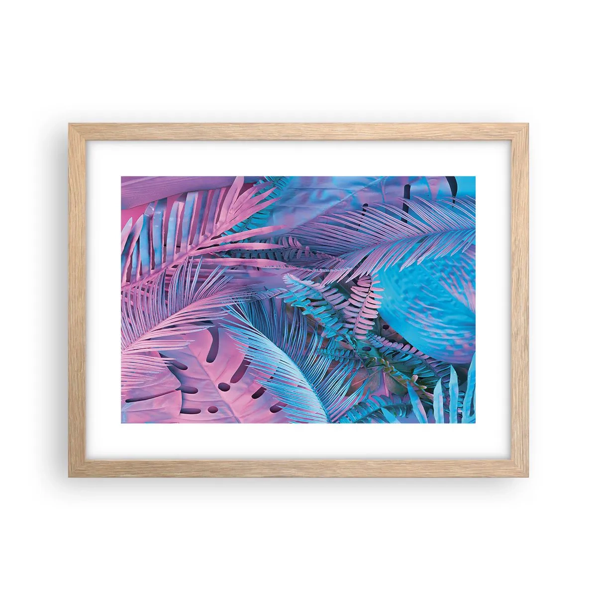 Poster in einem Rahmen aus heller Eiche - Tropen in Rosa und Blau - 40x30 cm