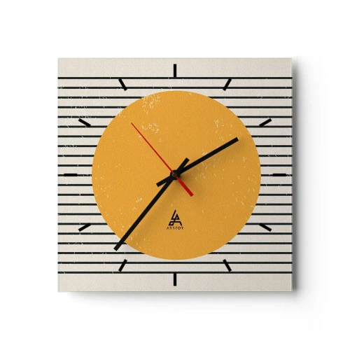 Wanduhr - Glasuhr - Ein gelber Kreis auf einem Hintergrund aus schwarzen und weißen horizontalen Linien - 30x30cm - Die Kraft der Einfachheit - Moderne Wanddekoration für Wohnzimmer und Schlafzimmer ARTTOR