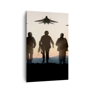 Bild auf Leinwand - Leinwandbild - Silhouetten von Soldaten und Kampfjets vor dem Hintergrund des Sonnenuntergangs - 80x120cm - Willkommen in unserer Welt - Moderne Wanddekoration für Wohnzimmer und Schlafzimmer ARTTOR