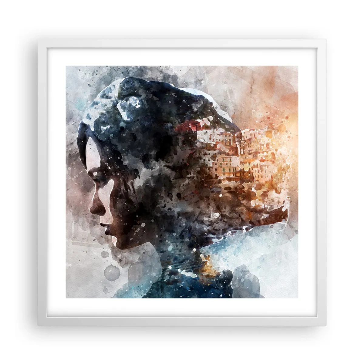 Poster in einem weißen Rahmen - Eine Geschichte über ein Mädchen mit einer Stadt im Hintergrund - 50x50 cm