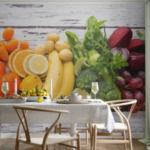 Fototapete Premium Canvas - Buntes Obst und Gemüse auf einem hölzernen Hintergrund - 100x70cm - Es ist nicht genug? - Moderne Wanddekoration für Wohnzimmer und Schlafzimmer ARTTOR