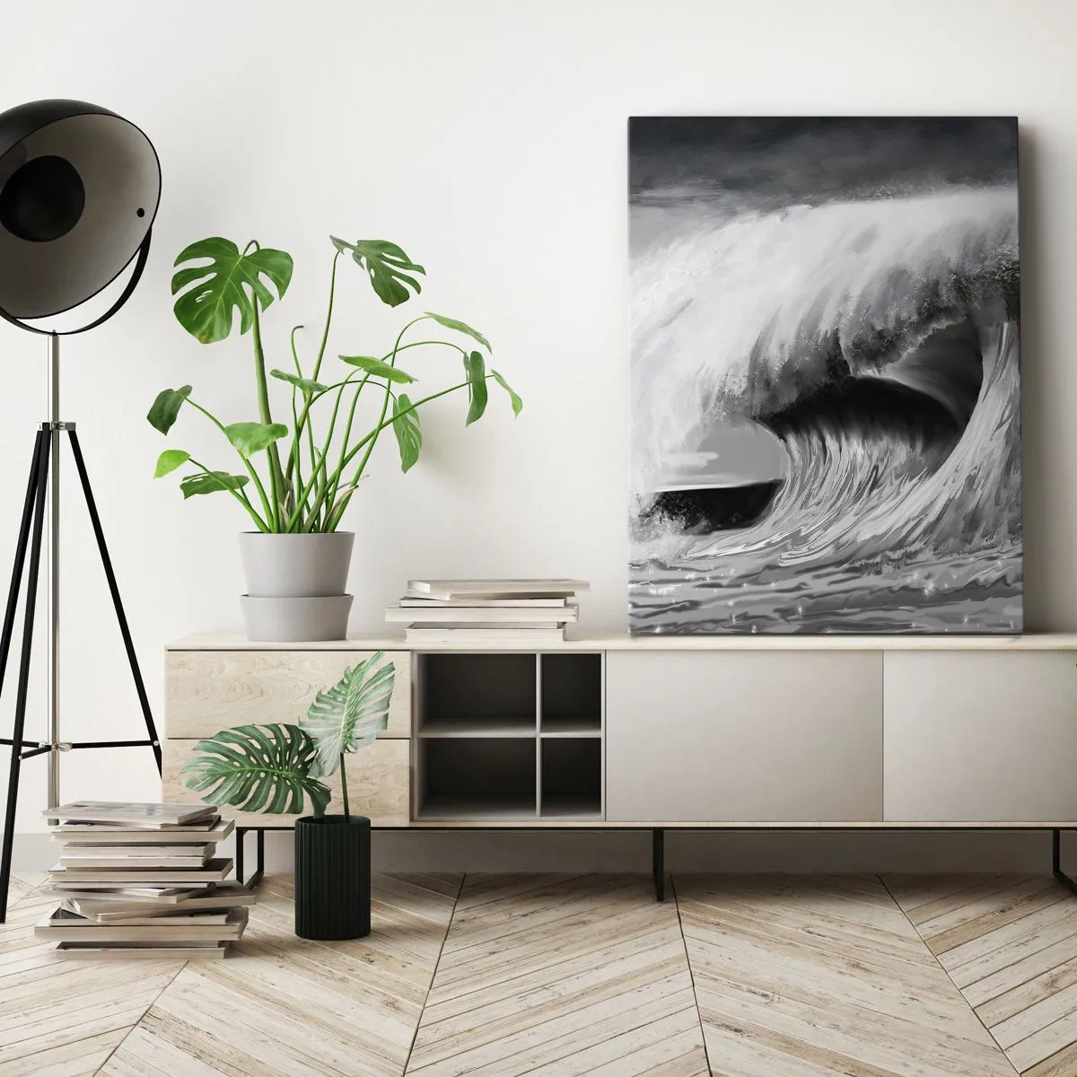 Bild auf Leinwand - Leinwandbild - Dramatische Meereswelle in Monochrom - 50x70cm - Wut des Ozeans - Moderne Wanddekoration für Wohnzimmer und Schlafzimmer ARTTOR