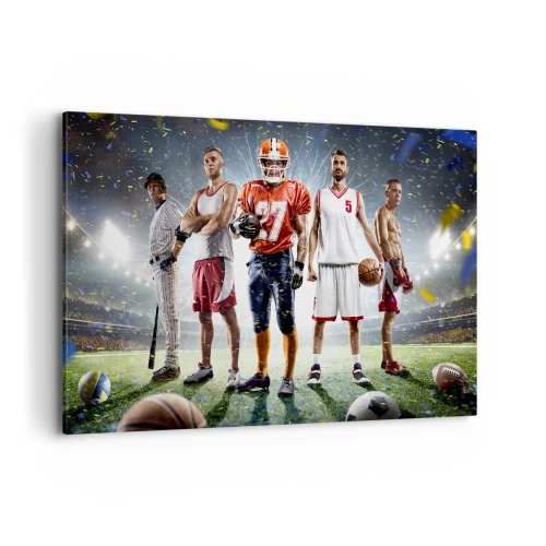 Bild auf Leinwand - Leinwandbild - Eine dynamische Szene von Athleten verschiedener Disziplinen im Stadion unter dem Scheinwerferlicht - 120x80cm - Feldgladiatoren - Moderne Wanddekoration für Wohnzimmer und Schlafzimmer ARTTOR