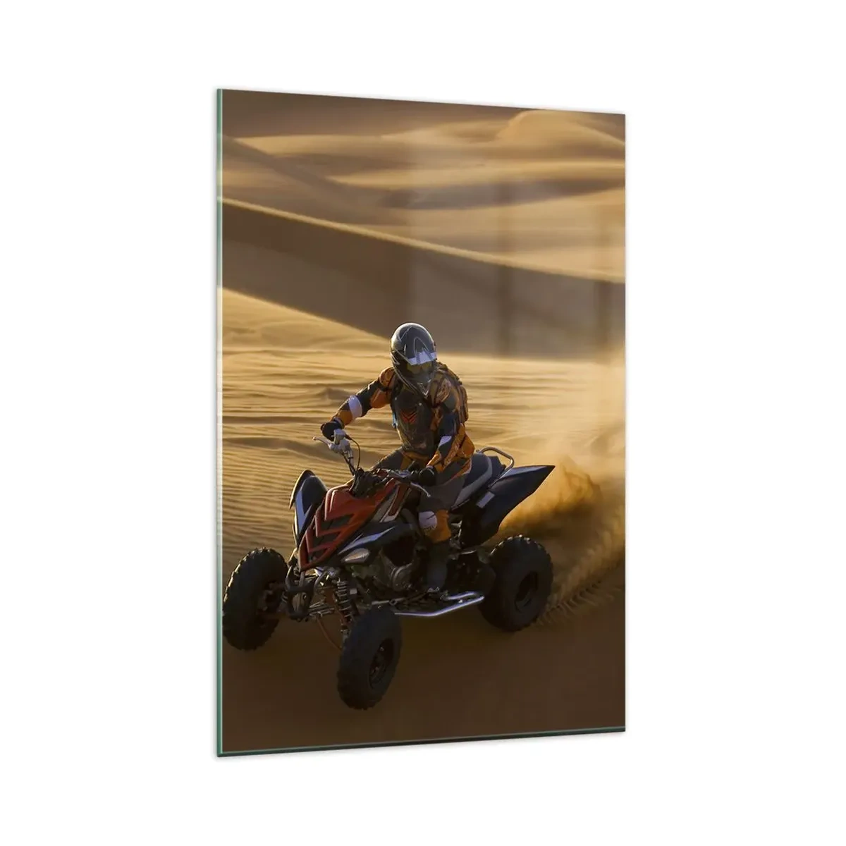 Glasbild - Bild auf glas - Ein Motorradfahrer auf einem Quad rast über die Sanddünen der Wüste - 80x120cm - Auf den Sandwellen - Moderne Wanddekoration für Wohnzimmer und Schlafzimmer ARTTOR