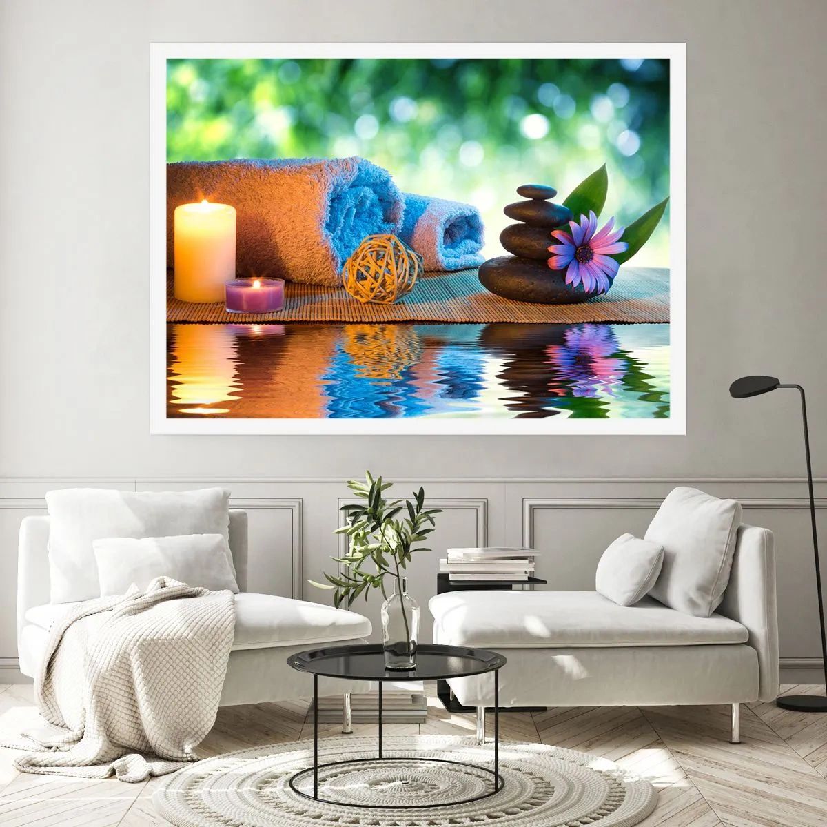 Poster - Entspannendes SPA-Set mit Handtüchern, Kerzen und Steinen - 100x70cm - Zeit für den Körper - Moderne Wanddekoration für Wohnzimmer und Schlafzimmer ARTTOR