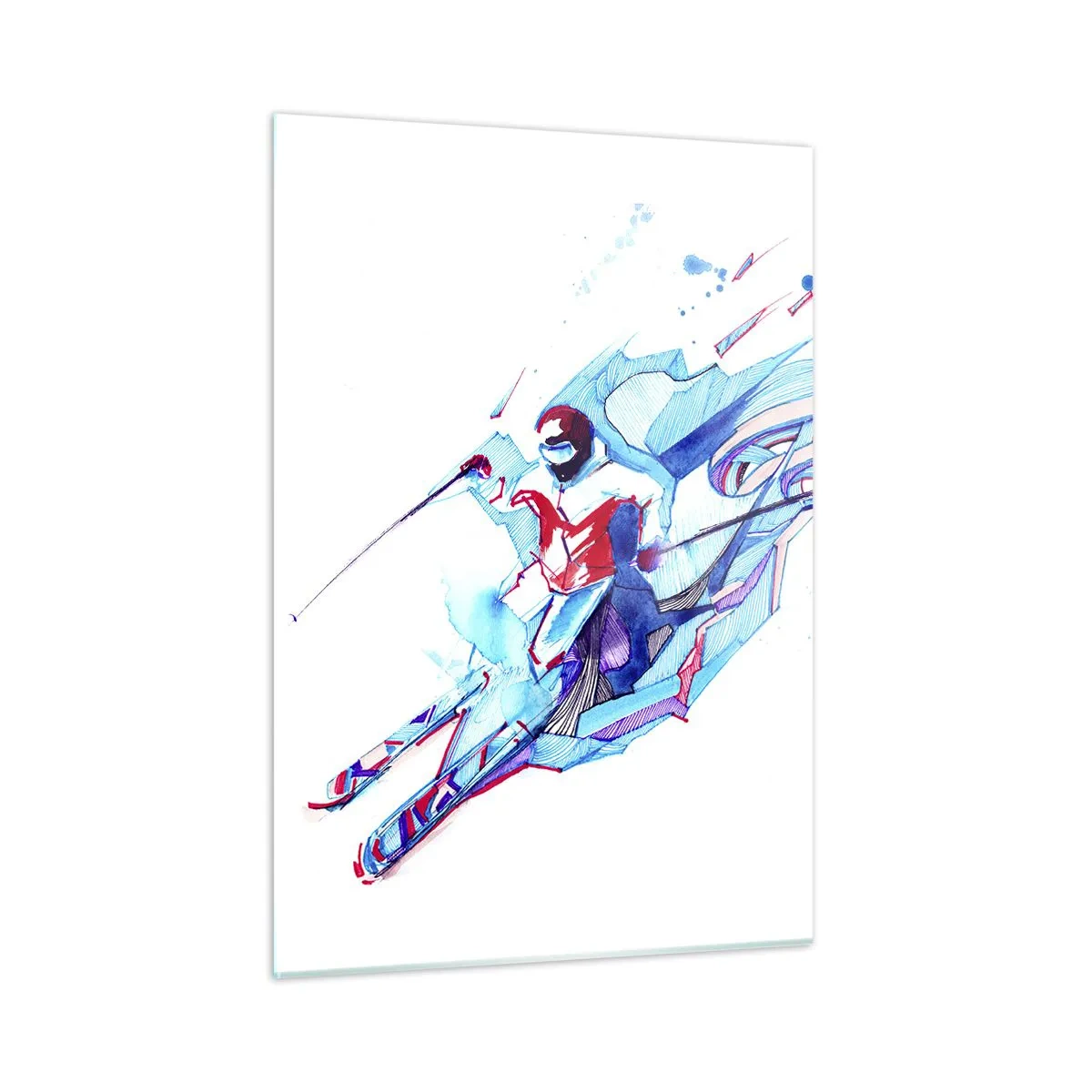 Glasbild - Bild auf glas - Eine dynamische Figur eines Skifahrers in abstrakten Farben - 50x70cm - Verrückter Ansturm vor Freude - Moderne Wanddekoration für Wohnzimmer und Schlafzimmer ARTTOR